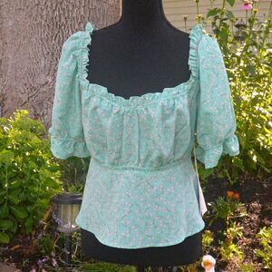 Love & Piece Collective Green Peasant Type Top with Pink Flowers New with Tags
